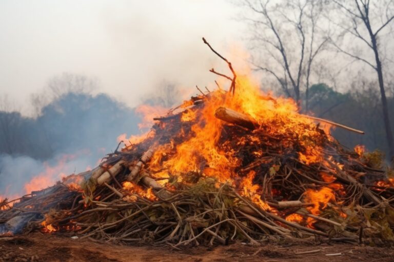 pile of burning tree branches from deforested land